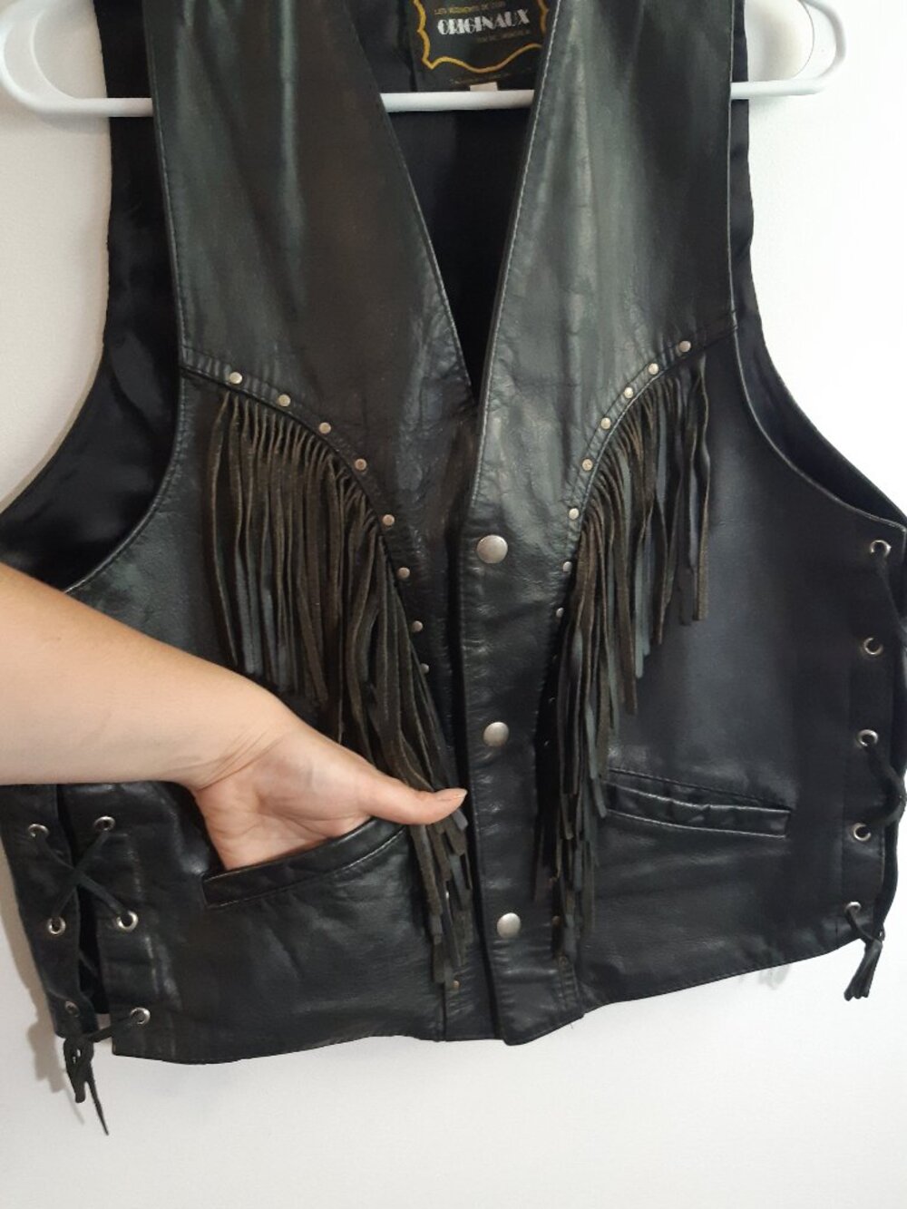 Vintage Genuine Leather Fringe Vest Biker Western Black LaceUp Made In Canada M - Picture 5 of 9